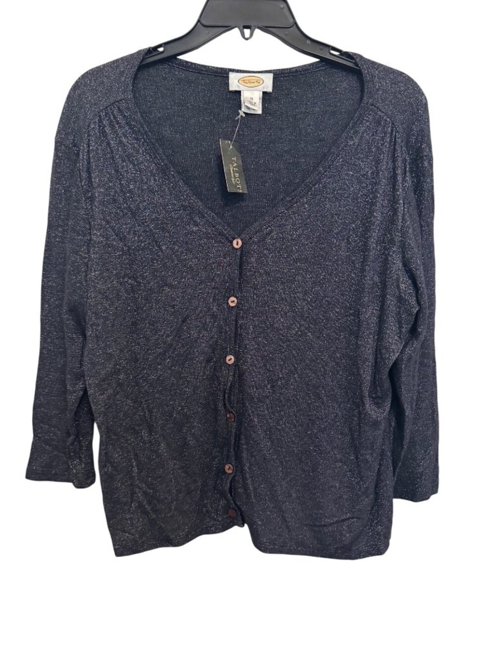 Talbots Womens Metallic Knit Cardigan Sweater Size M Navy Button-Front